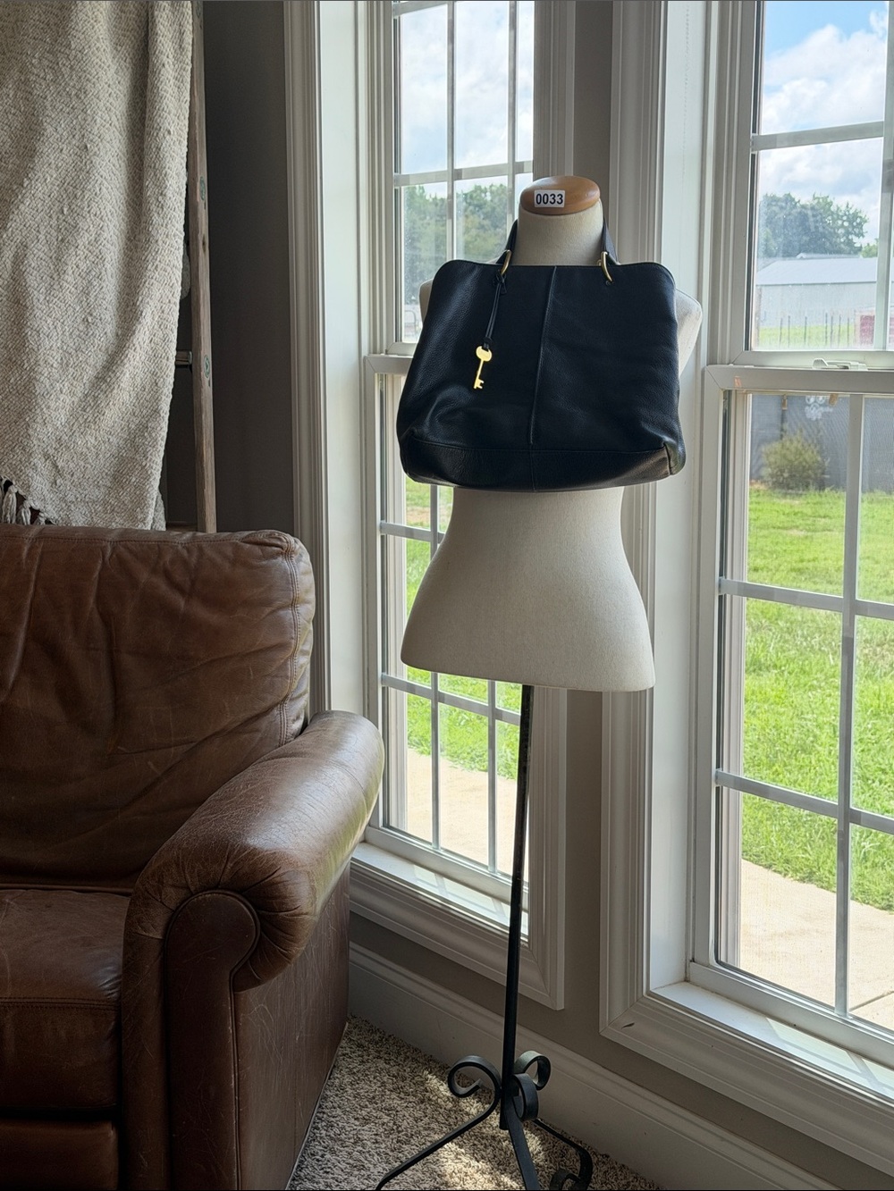 Fossil Black Leather Shoulder Bag with Gold Key Charm